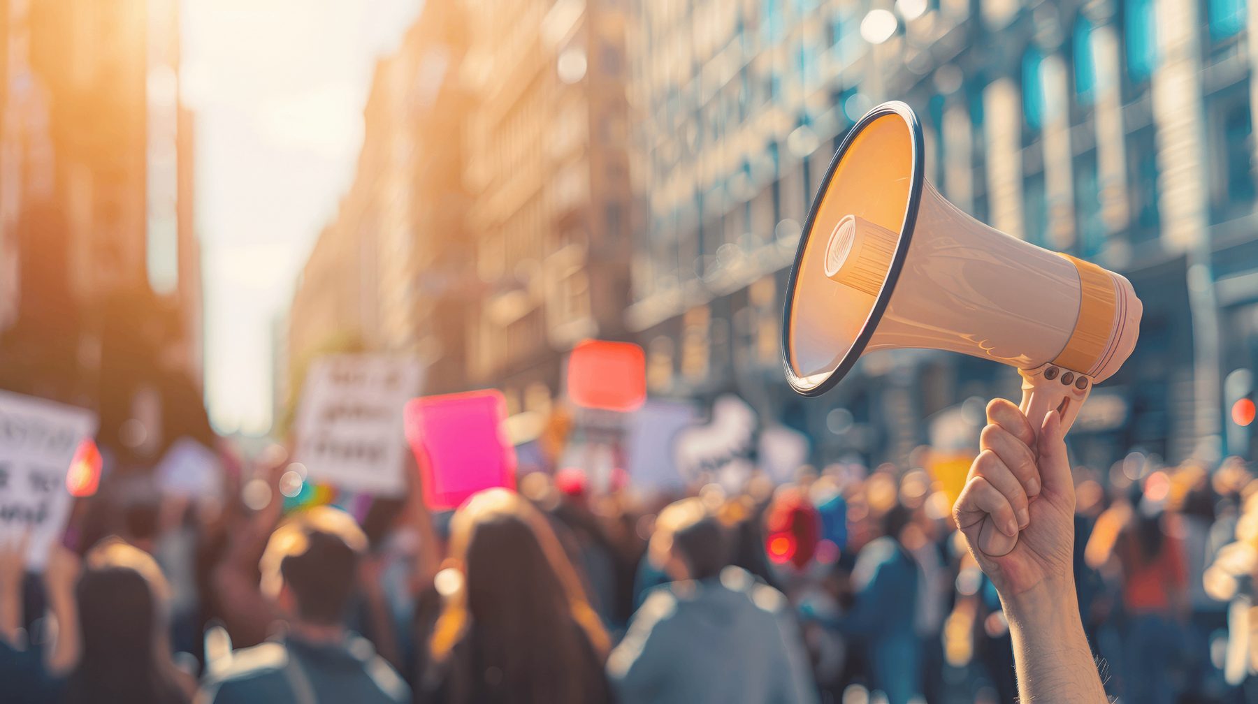 Mégaphone levé lors d'une manifestation citoyenne