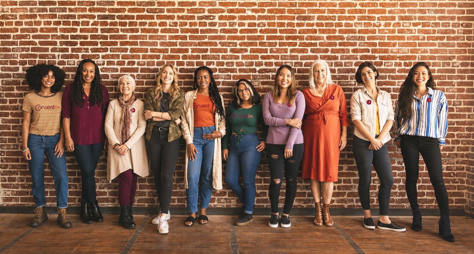 Équipe Consentir France, dix femmes alignées devant un mur de briques