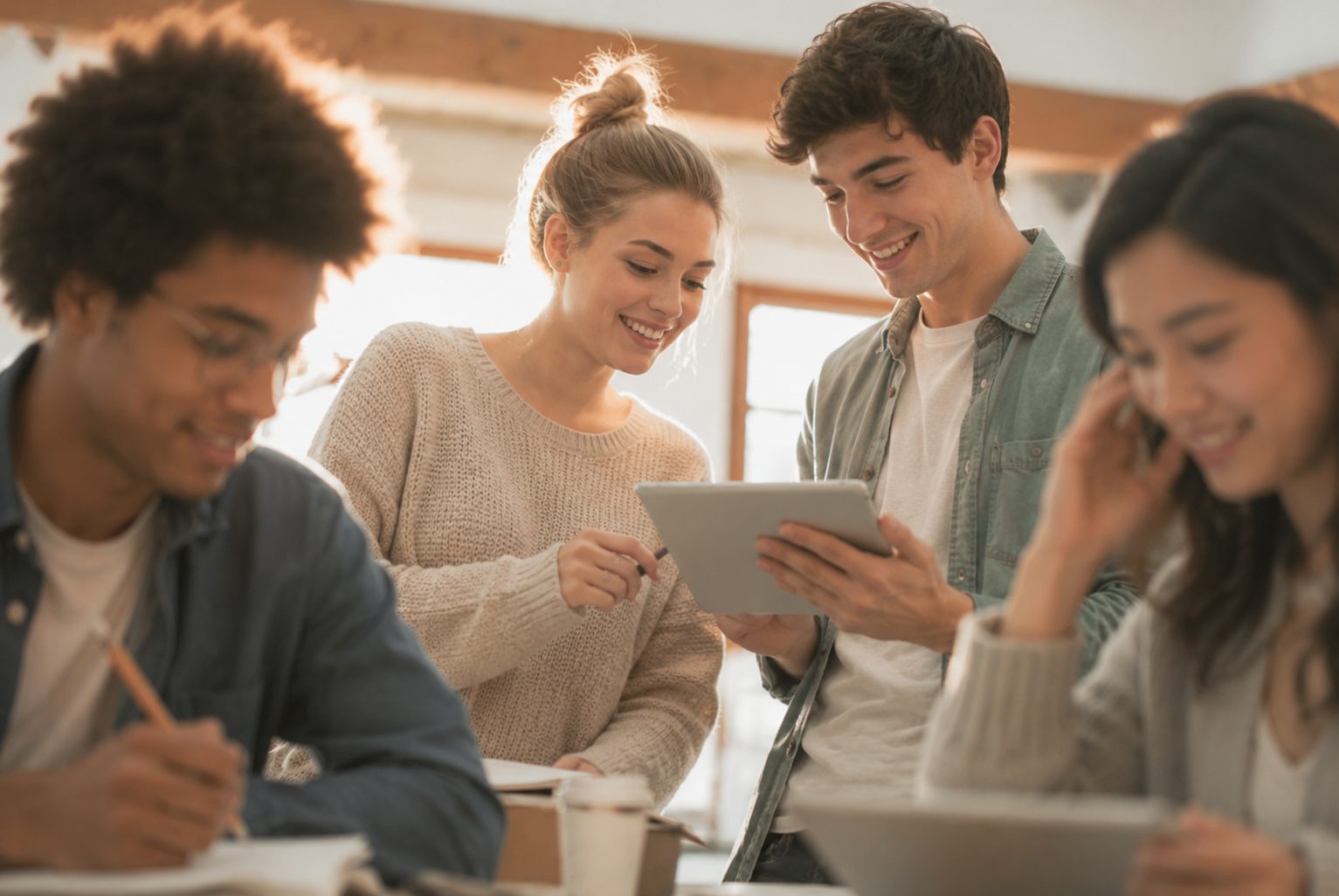 Jeunes adultes collaborant autour d'une tablette et de carnets
